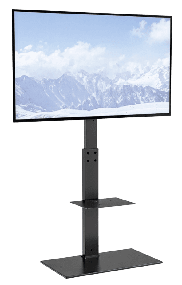 Televisor de 85 pulgadas sobre soporte de suelo con estante y base estable, para presentaciones y retransmisiones