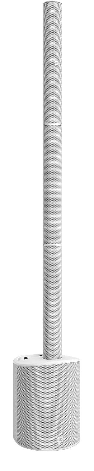 Columna LD MAUI 5 en blanco sobre su base de subgrave: se integra en la decoración de una ceremonia en lugar de destacar