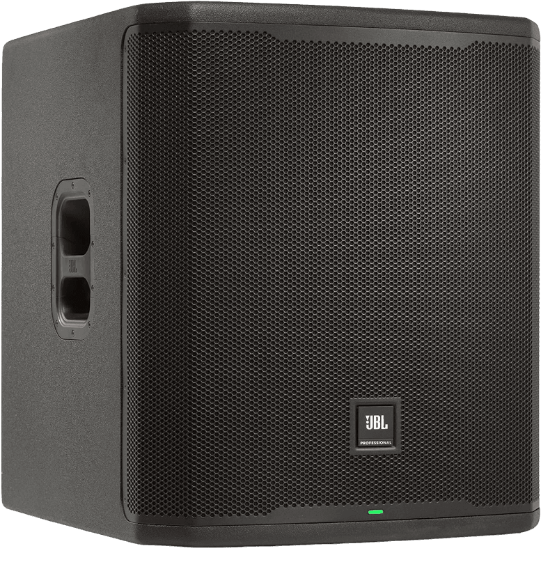 Subgrave activo JBL PRX918XLF de 18 pulgadas en negro, con asa lateral y rejilla metálica