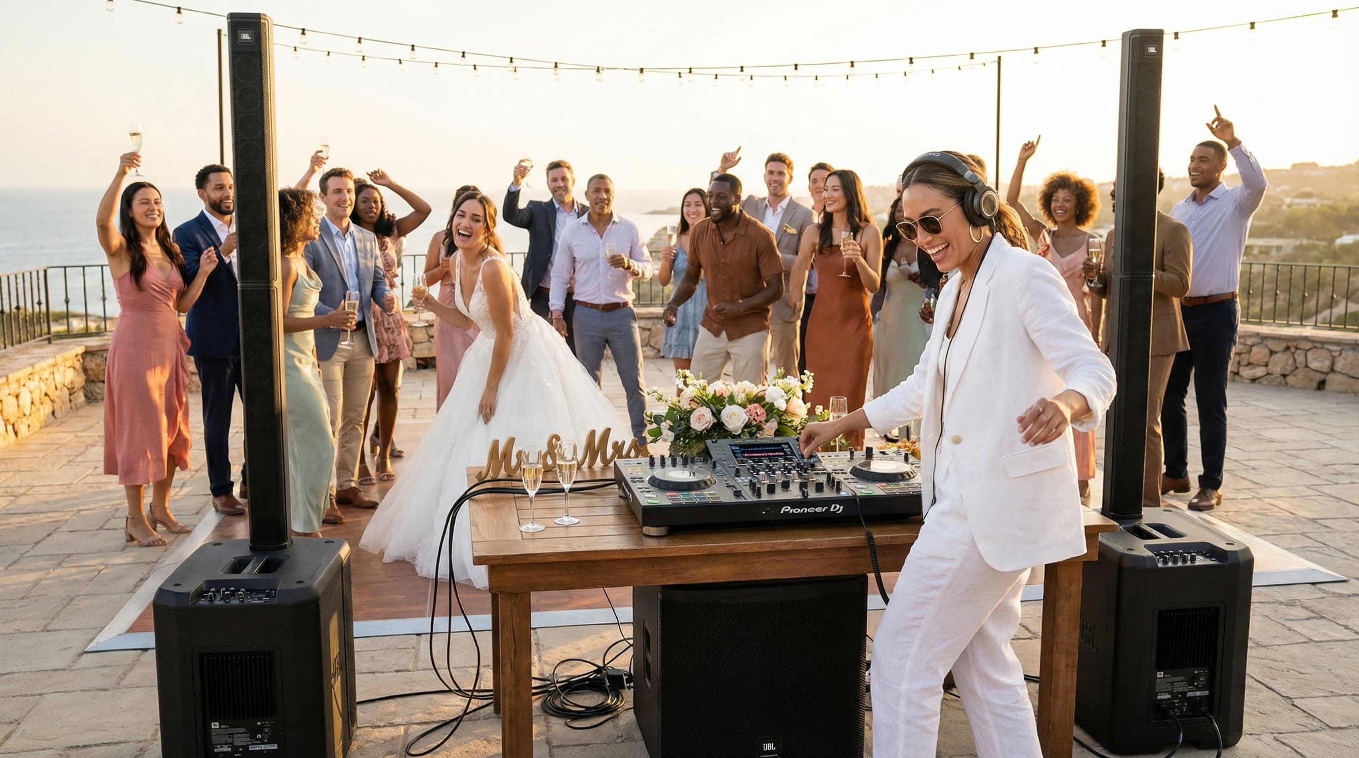 Fiesta de boda en una terraza sobre el mar: la novia bailando, DJ en la mesa, dos columnas JBL PRX One con subgrave y guirnaldas de luces