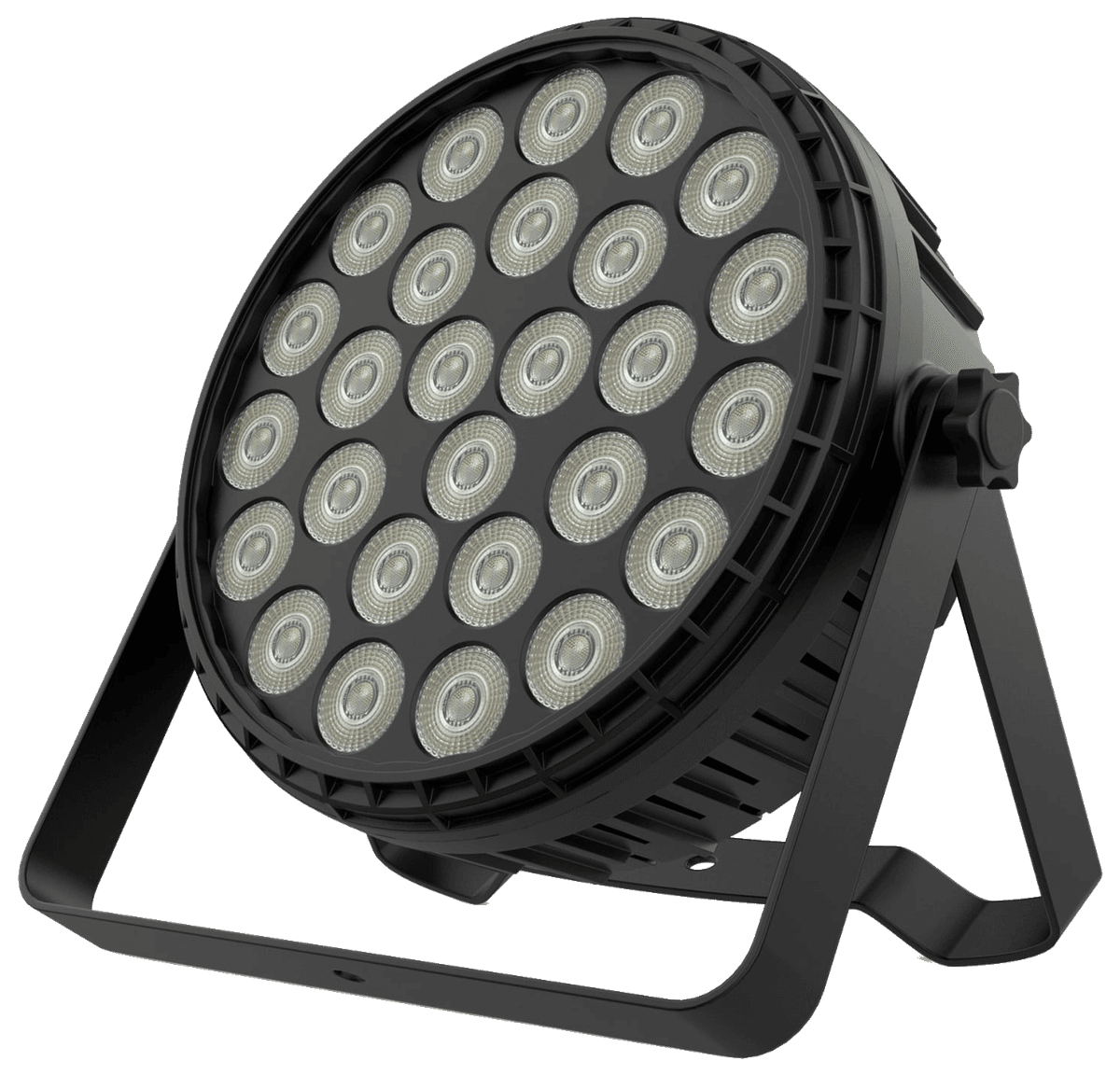 Foco PAR LED Audibax Dallas 162 RGBW negro con 27 LEDs, en soporte en U, vista de tres cuartos